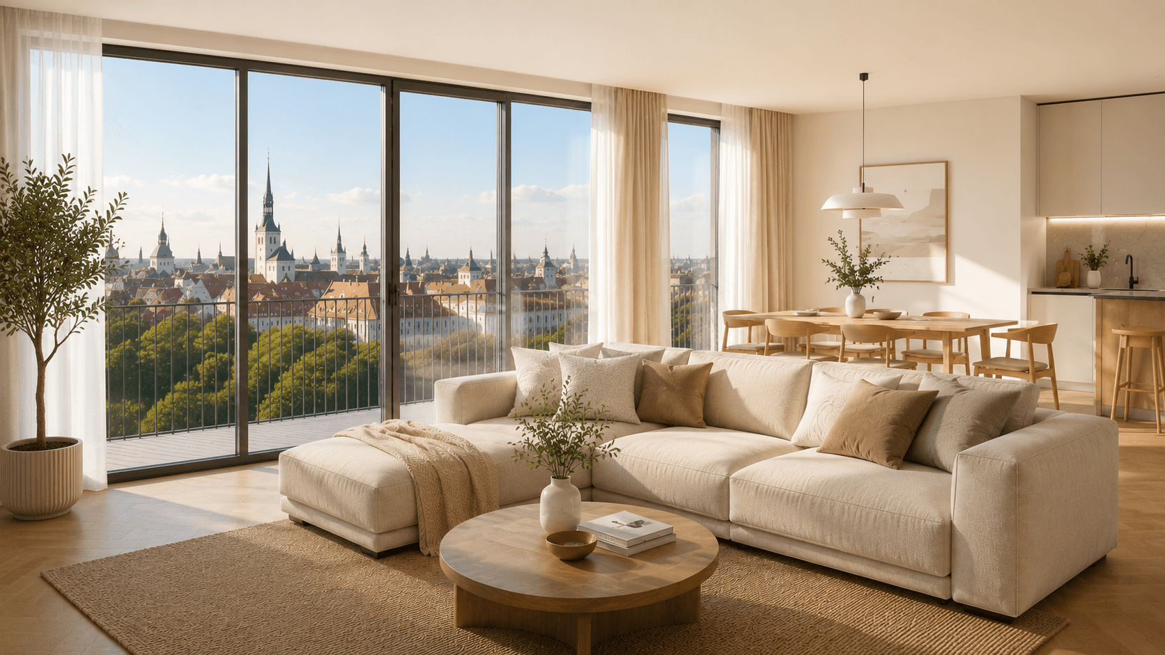 Valgusküllane elutuba Tallinnas panoraamakendega vaatega vanalinnale
